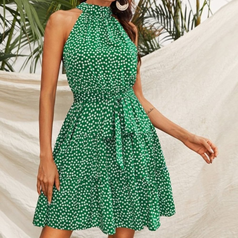 SHEIN Green Halter Neck Polka Dot A-Line Dress